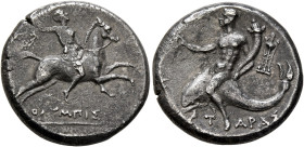 CALABRIA. Tarentum. Circa 240-228 BC. Didrachm or Nomos (Silver, 19 mm, 6.20 g, 5 h), Olympis, magistrate. Warrior on horse galloping to right, brandi...