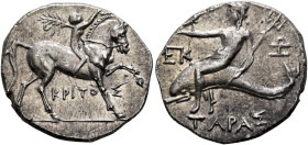 CALABRIA. Tarentum. Punic occupation, circa 212-209 BC. Didrachm or Nomos (Silver, 19 mm, 3.94 g, 12 h), Kritos, Ek..., and Zo..., magistrates. Youth ...