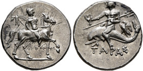CALABRIA. Tarentum. Punic occupation, circa 212-209 BC. Didrachm or Nomos (Silver, 17 mm, 3.70 g, 2 h), Sokanas, magistrate. Warrior holding filleted ...