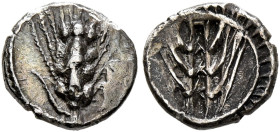 LUCANIA. Metapontion. Circa 470-440 BC. Obol (Silver, 18 mm, 0.40 g). Ear of barley with four grains; to left, leaf; to right, head of a mule right. R...