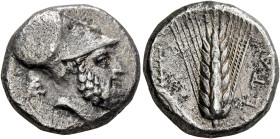 LUCANIA. Metapontion. Circa 340-330 BC. Didrachm or Nomos (Silver, 18 mm, 7.58 g, 12 h). Bearded head of Leukippos to right, wearing Corinthian helmet...