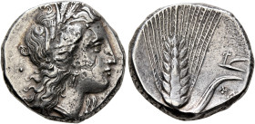 LUCANIA. Metapontion. Circa 330-290 BC. Didrachm or Nomos (Silver, 20 mm, 7.73 g, 6 h). Head of Demeter to right, wearing wreath of grain ears, triple...
