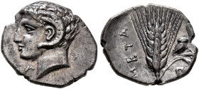 LUCANIA. Metapontion. Circa 325-275 BC. Diobol (Silver, 13 mm, 1.08 g, 10 h). Head of youthful Karneios to left, with a ram's horn over his ear; to lo...