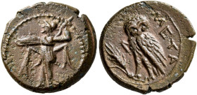 LUCANIA. Metapontion. Circa 225-207 BC. AE (Bronze, 16 mm, 3.17 g, 6 h). Athena Promachos advancing to left, brandishing spear in her right hand and s...