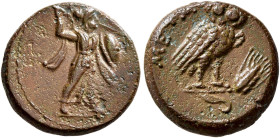 LUCANIA. Metapontion. Circa 225-207 BC. AE (Bronze, 15 mm, 3.14 g, 12 h). Athena Promachos advancing to right, brandishing spear in her right hand and...