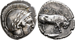 LUCANIA. Thourioi. Circa 443-400 BC. Didrachm or Nomos (Silver, 22 mm, 7.89 g, 6 h). Head of Athena to right, wearing crested and laureate Attic helme...