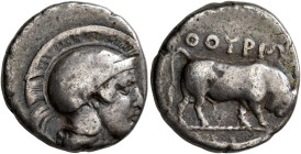 LUCANIA. Thourioi. Circa 443-400 BC. Didrachm or Nomos (Silver, 20 mm, 7.70 g, 6 h). Head of Athena to right, wearing crested and laureate Attic helme...