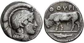 LUCANIA. Thourioi. Circa 443-400 BC. Triobol (Silver, 13 mm, 1.12 g, 9 h). Head of Athena to right, wearing crested Attic helmet decorated with a laur...