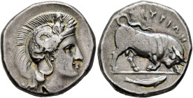 LUCANIA. Thourioi. Circa 400-350 BC. Didrachm or Nomos (Silver, 22 mm, 7.88 g, 10 h). Head of Athena to right, wearing crested Attic helmet adorned, o...