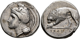 LUCANIA. Velia. Circa 334-300 BC. Didrachm or Nomos (Silver, 19 mm, 7.58 g, 8 h). Head of Athena to left, wearing Phrygian helmet decorated with a cen...