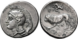 LUCANIA. Velia. Circa 300-280 BC. Didrachm or Nomos (Silver, 22 mm, 7.25 g, 6 h), Philistion Group. Head of Athena to left, wearing crested Attic helm...