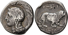 LUCANIA. Velia. Circa 300-280 BC. Didrachm or Nomos (Silver, 21 mm, 7.25 g, 5 h). Head of Athena to left, wearing crested Attic helmet decorated with ...