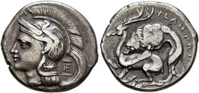 LUCANIA. Velia. Circa 280 BC. Didrachm or Nomos (Silver, 21 mm, 7.25 g, 5 h). Head of Athena to left, wearing crested Attic helmet adorned with Pegasu...