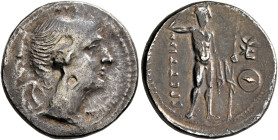 BRUTTIUM. The Brettii. Circa 216-214 BC. Drachm (Silver, 19 mm, 4.46 g, 2 h). Diademed and draped bust of Nike to right; to left, owl standing right. ...