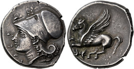 BRUTTIUM. Lokroi Epizephyrioi. Circa 300-275 BC. Stater (Silver, 23 mm, 8.38 g, 6 h). ΛOKPΩN Head of Athena to left, wearing Corinthian helmet. Rev. P...