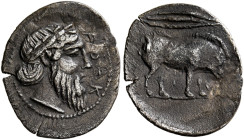 SICILY. Abakainon. Circa 420-410 BC. Litra (Silver, 12 mm, 0.71 g, 3 h). Bearded male head to right. Rev. ABA Boar standing right; in field to right, ...