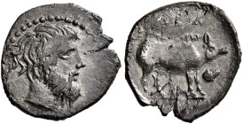 SICILY. Abakainon. Circa 440-430 BC. Litra (Silver, 14 mm, 0.70 g, 7 h). ABAK Laureate head of Zeus to right. Rev. Ι-И-[ΙΑ] Boar standing right; above...