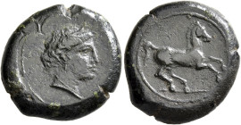 SICILY. Aitna. Circa 400-350 BC. Trias (Bronze, 20 mm, 8.06 g, 9 h). Head of Persephone to right, wearing grain wreath. Rev. Horse galloping right. CN...