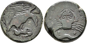SICILY. Akragas. Circa 415-406 BC. Hemilitron (Bronze, 27 mm, 21.73 g, 12 h). Eagle standing right, wings spread and head lowered, clutching dead hare...