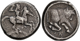 SICILY. Gela. Circa 480/75-475/70 BC. Didrachm (Silver, 20 mm, 8.66 g, 11 h). Nude bearded warrior riding horse to right, brandishing spear in his rig...