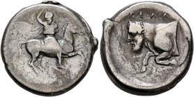 SICILY. Gela. Circa 420-415 BC. Didrachm (Silver, 21 mm, 7.91 g, 12 h). Warrior, wearing Phrygian helmet, short chiton and chlamys, riding horse to ri...