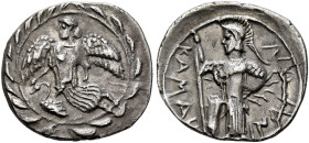 SICILY. Kamarina. Circa 461-440/35 BC. Litra (Silver, 13 mm, 0.70 g, 6 h). Nike flying left; to lower left, swan standing left; all within wreath. Rev...