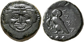 SICILY. Kamarina. Circa 420-405 BC. Tetras or Trionkion (Bronze, 14 mm, 2.88 g, 6 h). Facing gorgoneion. Rev. ΚΑΜΑ Owl standing left, head facing, hol...