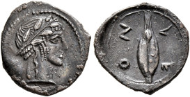 SICILY. Leontini. Circa 466-460 BC. Litra (Silver, 12 mm, 0.62 g, 3 h). Laureate head of Apollo to right. Rev. ΛE-ON Barley grain. Boehringer, Münzges...