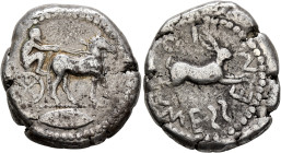 SICILY. Messana. 475-471 BC. Tetradrachm (Silver, 28 mm, 17.00 g, 12 h). Charioteer, holding kentron in his right hand and reins in his left, driving ...