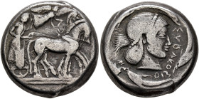 SICILY. Syracuse. Deinomenid Tyranny, 485-466 BC. Tetradrachm (Silver, 23 mm, 17.21 g, 12 h), circa 475-470. Charioteer driving quadriga walking to ri...
