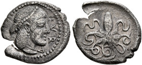 SICILY. Syracuse. Second Democracy, 466-405 BC. Litra (Silver, 11 mm, 0.72 g, 6 h). ΣYRA Head of Arethousa to right, her hair tied up in a krobylos th...