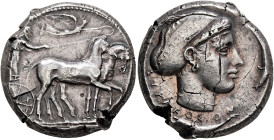 SICILY. Syracuse. Second Democracy, 466-405 BC. Tetradrachm (Silver, 23 mm, 17.39 g, 6 h), circa 430-420. Charioteer driving quadriga walking to right...
