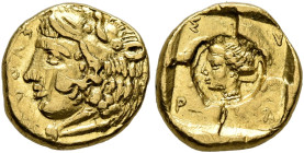 SICILY. Syracuse. Dionysios I, 405-367 BC. 20 Litrai or Tetradrachm (Gold, 9 mm, 1.28 g, 11 h), circa 405-400. ΣΥΡA Head of Herakles to left, wearing ...