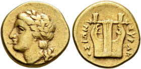 SICILY. Syracuse. Agathokles, 317-289 BC. 25 Litrai (Electrum, 12 mm, 1.88 g, 5 h), circa 310-306/5. Laureate head of Apollo to left. Rev. ΣΥΡAK-OΣIΩN...