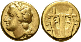 SICILY. Syracuse. Agathokles, 317-289 BC. 25 Litrai (Electrum, 11 mm, 1.85 g, 6 h), circa 310-306/5. Laureate head of Apollo to left. Rev. ΣΥΡAKO-ΣIΩN...