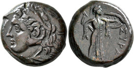 SICILY. Syracuse. Pyrrhos, 278-276 BC. AE (Bronze, 22 mm, 11.85 g, 1 h). Head of Herakles to left, wearing lion skin headdress. Rev. ΣYPA-[KOΣIΩN] Ath...