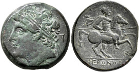 SICILY. Syracuse. Hieron II, 275-215 BC. AE (Bronze, 26 mm, 16.73 g, 3 h). Diademed head of Hieron II to left; behind, boukranion. Rev. ΙΕΡΩΝΟΣ Helmet...