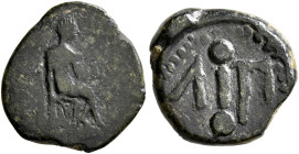 ISLANDS OFF SICILY, Lipara. Circa 420-400 BC. Hexas - Dionkion (Bronze, 12 mm, 1.17 g, 12 h). Hephaistos seated right on low throne, holding hammer in...