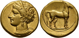 CARTHAGE. Circa 320-310 BC. Stater (Electrum, 19 mm, 7.48 g, 12 h). Head of Tanit to left, wearing wreath of grain ears, triple-pendant earring and el...