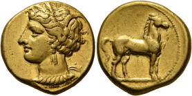 CARTHAGE. Circa 320-310 BC. Stater (Electrum, 18 mm, 7.66 g, 12 h). Head of Tanit to left, wearing wreath of grain ears, triple-pendant earring and el...