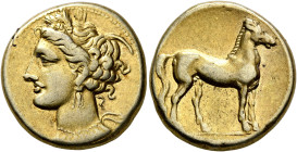 CARTHAGE. Circa 310-270 BC. Stater (Electrum, 17 mm, 7.41 g, 12 h). Head of Tanit to left, wearing wreath of grain ears, triple-pendant earring and el...