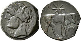 CARTHAGE. Second Punic War. Circa 220-205 BC. AE (Bronze, 18 mm, 4.48 g, 6 h), Sardinian mint. Head of Tanit to left, wearing wreath of grain ears and...
