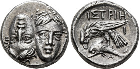 MOESIA. Istros. Circa 340/30-313 BC. Drachm (Silver, 17 mm, 5.67 g, 3 h). Two facing male heads side by side, one upright and the other inverted. Rev....