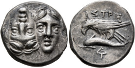MOESIA. Istros. Circa 313-280 BC. Drachm (Silver, 19 mm, 5.37 g). Two facing male heads side by side, one upright and the other inverted. Rev. IΣTPIH ...