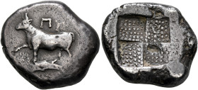 THRACE. Byzantion. Circa 387/6-340 BC. Tetradrachm (Silver, 25 mm, 14.48 g), Rhodian standard. ΠΥ Bull standing left on dolphin left, right foreleg ra...