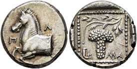 THRACE. Maroneia. Circa 398/7-386/5 BC. Triobol (Silver, 14.5 mm, 2.80 g, 7 h). Π - Λ Forepart of a horse to left. Rev. Grape bunch on vine; to lower ...