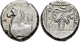 THRACE. Maroneia. Circa 398/7-386/5 BC. Tetrobol (Silver, 14 mm, 2.78 g, 12 h), Met..., magistrate. M-H-[T] Forepart of a horse to left. Rev. M-A Grap...