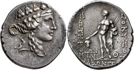 THRACE. Maroneia. Circa 189/8-49/5 BC. Tetradrachm (Silver, 31 mm, 16.45 g, 12 h). Head of youthful Dionysos to right, wearing tainia and wreath of iv...