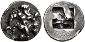 ISLANDS OFF THRACE, Thasos. Circa 500-480 BC. Diobol (Silver, 11 mm, 0.82 g). Satyr running right in kneeling stance. Rev. Quadripartite incuse square...