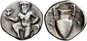 ISLANDS OFF THRACE, Thasos. Circa 412-404 BC. Trihemiobol (Silver, 12 mm, 0.82 g, 12 h). Bald Satyr kneeling half-left, holding kantharos in his right...